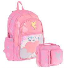 Kaukko Kids Pullu Bulut Desenli, Kız Çocuk Pembe Okul Çantası + Beslenme Çantası Seti (L5218+L7218)