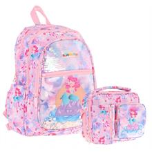 Kaukko Kids Pullu Denizkızı Desenli, Kız Çocuk Pembe Mavi Okul Çantası + Beslenme Çantası Seti (L5217+L7217)