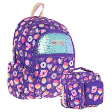 Kaukko Kids Pullu Şekerleme Desenli, Kız Çocuk Mor Okul Çantası + Beslenme Çantası Seti (L5216+L7216)