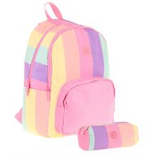 Kaukko Çizgili Pembe Çok Renkli Kız Çocuk Okul Çantası ve Kalemlik Seti (KK - K1802+KK - K2713)