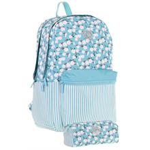 Kaukko Soft Floral Çiçek ve Çizgi Desenli Turkuaz Kız Çocuk Okul Çantası ve Kalemlik Okul Seti
