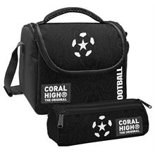 Coral High Erkek Çocuk Siyah Beyaz Futbol Thermo Beslenme Çantası ve Üç Bölmeli Kalem Çantası Seti