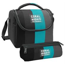 Coral High Erkek Çocuk Siyah Turkuaz Çizgili Thermo Beslenme Çantası ve Üç Bölmeli Kalem Çantası Seti