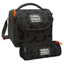 Coral High Erkek Çocuk Siyah Blok Desenli Thermo Beslenme Çantası ve Üç Bölmeli Kalem Çantası Seti
