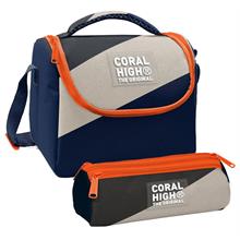 Coral High Erkek Çocuk Lacivert Bej Renkli Çizgili Thermo Beslenme Çantası ve Üç Bölmeli Kalem Çantası Seti