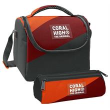 Coral High Erkek Çocuk Turuncu Bordo Gri Renkli Thermo Beslenme Çantası ve Üç Bölmeli Kalem Çantası Seti