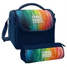Coral High Erkek Çocuk Lacivert Çok Renkli Çizgi Desenli Thermo Beslenme Çantası ve Üç Bölmeli Kalem Çantası Seti