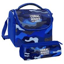 Coral High Erkek Çocuk Mavi Lacivert Kamuflaj Thermo Beslenme Çantası ve Üç Bölmeli Kalem Çantası Seti