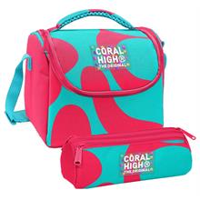 Coral High Kız Çocuk Kırmızı Turkuaz Renkli Çizgili Thermo Beslenme Çantası ve Üç Bölmeli Kalemlik Seti