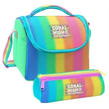 Coral High Kız Çocuk Renkli Çizgili Mavi Turuncu Thermo Beslenme Çantası ve Üç Bölmeli Kalemlik Seti