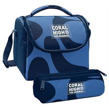 Coral High Erkek Çocuk Lacivert Mavi Renkli Çizgili Thermo Beslenme Çantası ve Üç Bölmeli Kalem Çantası Seti