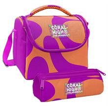 Coral High Kız Çocuk Turuncu Mor Renkli Çizgili Thermo Beslenme Çantası ve Üç Bölmeli Kalem Çantası Seti
