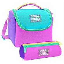 Coral High Kız Çocuk Mor Yeşil Pembe Çok Renkli Thermo Beslenme Çantası ve Üç Bölmeli Kalemlik Seti