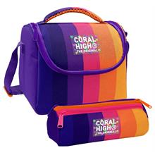 Coral High Kız Çocuk Mor Turuncu Renkli Çizgili Thermo Beslenme Çantası ve Üç Bölmeli Kalemlik Seti