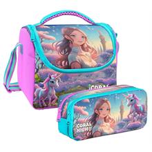 Coral High Kız Çocuk Turkuaz Pembe Anime Kız Thermo Beslenme Çantası ve İki Bölmeli Kalemlik Seti