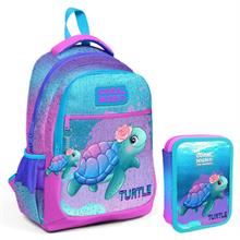 Coral High Turkuaz Pembe Kaplumbağa Kız Çocuk Okul Çantası ve Organizer Kalemlik Seti 23497+11134