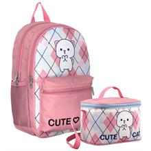 Cennec Love Cute Cat Desenli Kız Çocuk Beyaz Pembe İkili Çanta ve Beslenme Seti - SETUMT5024B