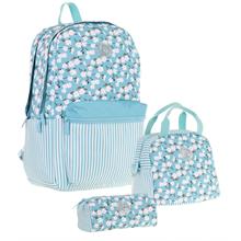 Kaukko Soft Floral Üçlü Kız Çocuk Okul Çanta Seti - Turkuaz - Çiçek ve Çizgi Desenli