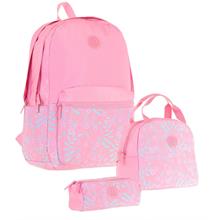 Kaukko Soft Floral Üçlü Kız Çocuk Okul Çanta Seti - Pembe - Çiçekli