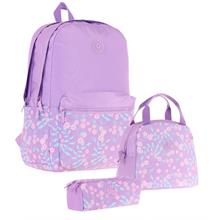 Kaukko Soft Floral Üçlü Kız Çocuk Okul Çanta Seti - Mor - Çiçekli