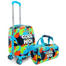Coral High Erkek Çocuk Lacivert Mavi Grafiti Desenli Çocuk Valizi ve Seyahat/Spor Çantası Seti