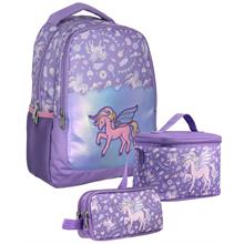 Cennec SETUMT5027A Üçlü İlkokul Çanta Seti (Lila - Nakışlı Unicorn Pegasus - Kız Çocuk - Parlak Kumaş)