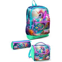 Coral High Kids Mavi Su Yeşili Denizatı Desenli 3 lü Okul Çanta Seti SET0123772 - Kız
