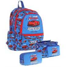 Kaukko Kids Üçlü Erkek Çocuk İlkokul Okul Çantası Seti (L5268+L7268+L8268) Mavi Kırmızı - Yarış Arabası Desenli