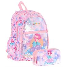 Kaukko Kids Kız Çocuk Okul Çantası ve Üç Bölmeli Kalemlik Seti (Pembe Mavi - Pullu Denizkızı) - (L5217+L8217)