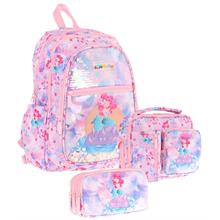 Kaukko Kids Kız Çocuk - Pembe Mavi Pullu Denizkızı Desenli - Okul Çanta Seti (Sırt Çantası+Beslenme Çantası+Kalemlik)