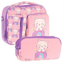 Kaukko Kids Kız Çocuk Somon Mor Kedi Desenli Üç Bölmeli Thermo Beslenme Çantası ve Kalemlik Seti (L7241+L8241)