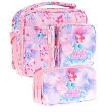 Kaukko Kids Kız Çocuk Pembe Mavi Denizkızı Desenli Üç Bölmeli Thermo Beslenme Çantası ve Kalemlik Seti (L7217+L8217)