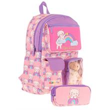 Kaukko Kız Çocuk Beş Bölmeli Okul Çantası ve Üç Bölmeli Kalemlik Seti - Peluş Kedili - Pembe Mor