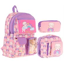 Kaukko Kids Kız Çocuk İlkokul Okul Çantası Seti - Peluş Kedili - Pembe Mor (L5241+L7241+L8241)