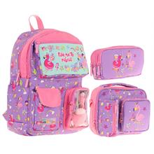 Kaukko Kids Kız Çocuk İlkokul Okul Çantası Seti - Peluş Flamingolu - Mor Pembe (L5240+L7240+L8240)