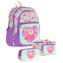 Kaukko Kids Üçlü Kız Çocuk İlkokul Okul Çantası Seti (L5230+L7230+L8230) Mor Yeşil - Karpuz ve Dondurma Desenli