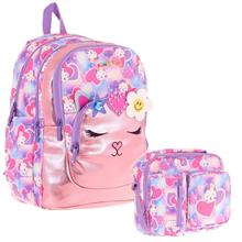 Kaukko Kids Okul ve Beslenme Çantası Seti (Kız Çocuk) - Kedi Şekilli Pembe Mor - (L5219+L7219)