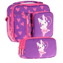 Kaukko Kids Kız Çocuk Mor Pembe Kalpli Tavşan Desenli Üç Bölmeli Thermo Beslenme Çantası ve Kalemlik Seti (L7246+L8246)