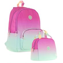 Kaukko Rainbow Üç Bölmeli İlkokul Çantası ve Beslenme Çantası Seti - Pembe Yeşil Renk Geçişli