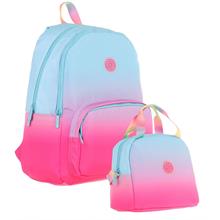 Kaukko Rainbow Üç Bölmeli İlkokul Çantası ve Beslenme Çantası Seti - Mavi Pembe Renk Geçişli