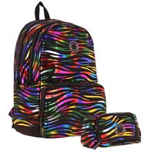 Kaukko Shine Kız Çocuk Zebra Desenli Siyah Çok Renkli İlkokul, Ortaokul Sırt Çantası ve Kalemlik Seti