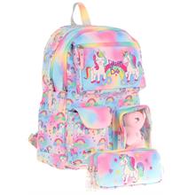 Kaukko Kız Çocuk Beş Bölmeli Okul Çantası ve Üç Bölmeli Kalemlik Seti - Peluş Unicornlu - Pembe