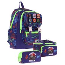 Kaukko Kids Armalı Kamyon Desenli Erkek Çocuk Üçlü İlkokul Okul Çantası Seti - Lacivert Yeşil
