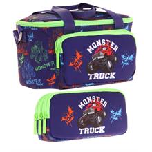 Kaukko (L7279+L8279) Beslenme Çantası (Isı Yalıtımlı) ve Kalem Çantası (Üç Bölme) Seti - Erkek Çocuk - Yeşil Lacivert Monster Truck