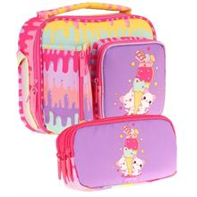 Kaukko Kids Kız Çocuk Sarı Mor Dondurma Baskılı Üç Bölmeli Thermo Beslenme Çantası ve Kalemlik Seti (L7247+L8247)
