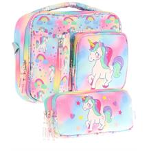 Kaukko Kids Kız Çocuk Çok Renkli Unicorn Baskılı Üç Bölmeli Thermo Beslenme Çantası ve Kalemlik Seti (L7243+L8243)