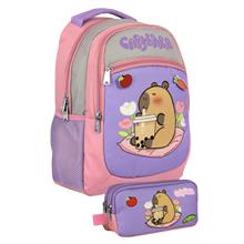 Capybara Kız Çocuk İlkokul Sırt Çantası ve İki Gözlü Kalemlik Seti - Mor - Pembe - SETCPB5233C