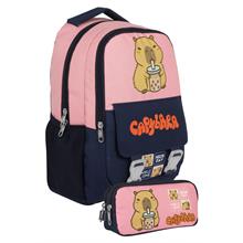 Capybara Kız Çocuk İlkokul Sırt Çantası ve İki Gözlü Kalemlik Seti - Lacivert - Pembe - SETCPB5203C