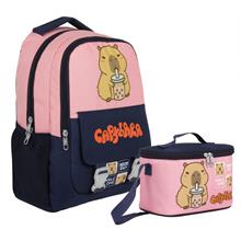 Capybara Kız Çocuk Okul Sırt Çantası ve Beslenme Çantası Seti - Lacivert - Pembe - SETCPB5203B