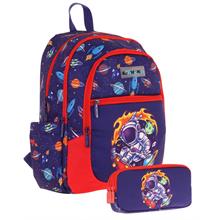 Kaukko Çanta Erkek Çocuk Astronot Baskılı Baskılı Okul Çantası ve Kalem Kutusu Seti (L5267+KK-L8267) - Lacivert Kırmızı